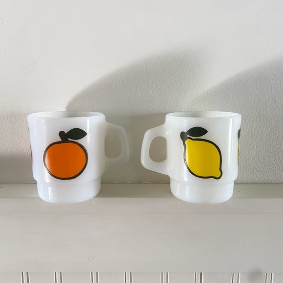 Fire King White Mugs with Orange and Lemon Design - Picture 1 of 3
